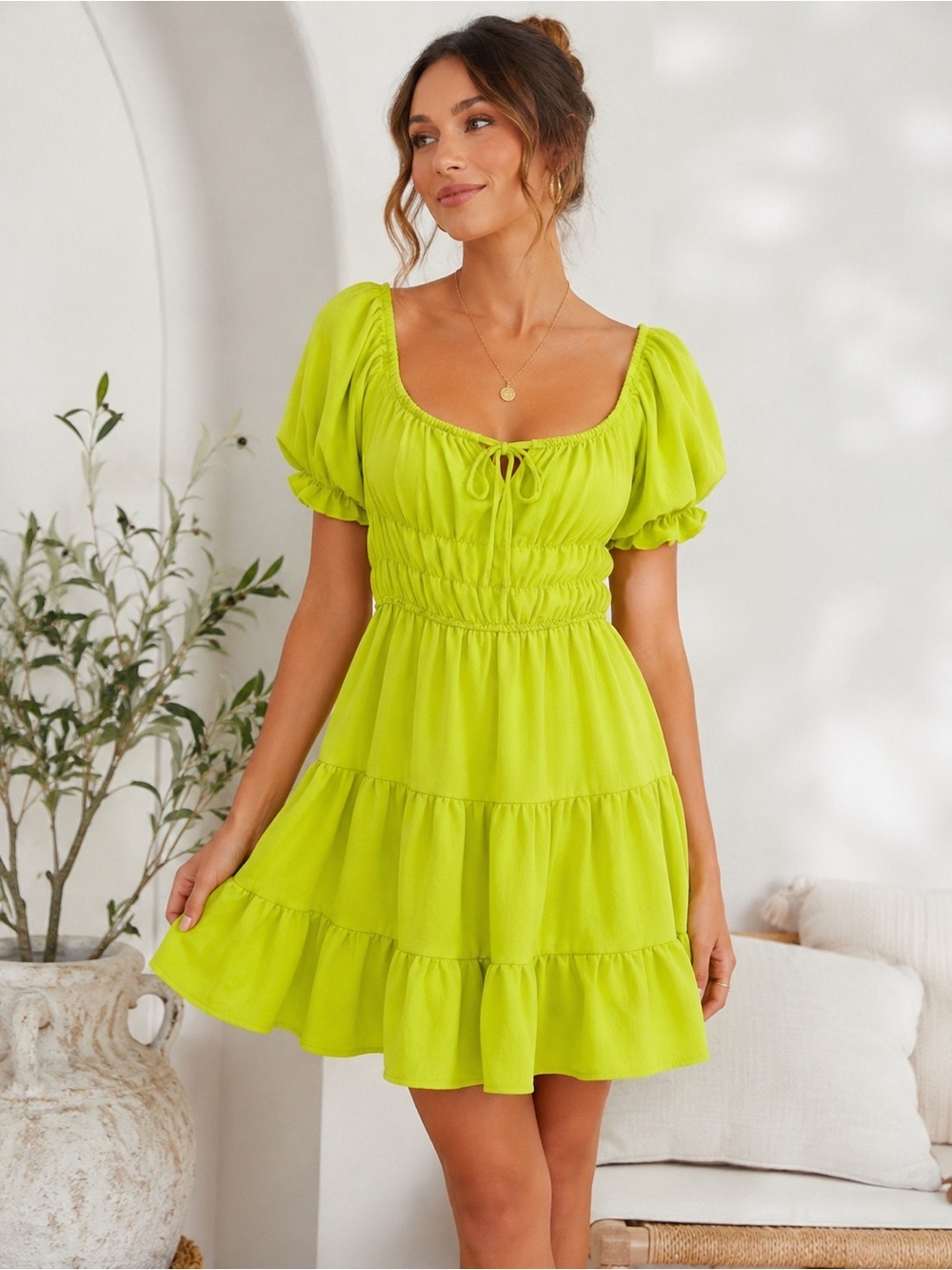 Liberty Love Neon Lime Babydoll Mini Dress Puff Sleeve Cottagecore Small